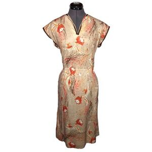 Vtg 70s Abstract Floral Dress Beige Orange Brown V-Neck Pockets Retro Midi‎ M
